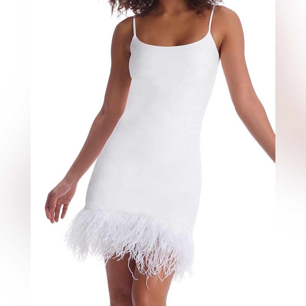 NWT Commando White Faux Leather Spaghetti Strap A-Line Dress With Feathers